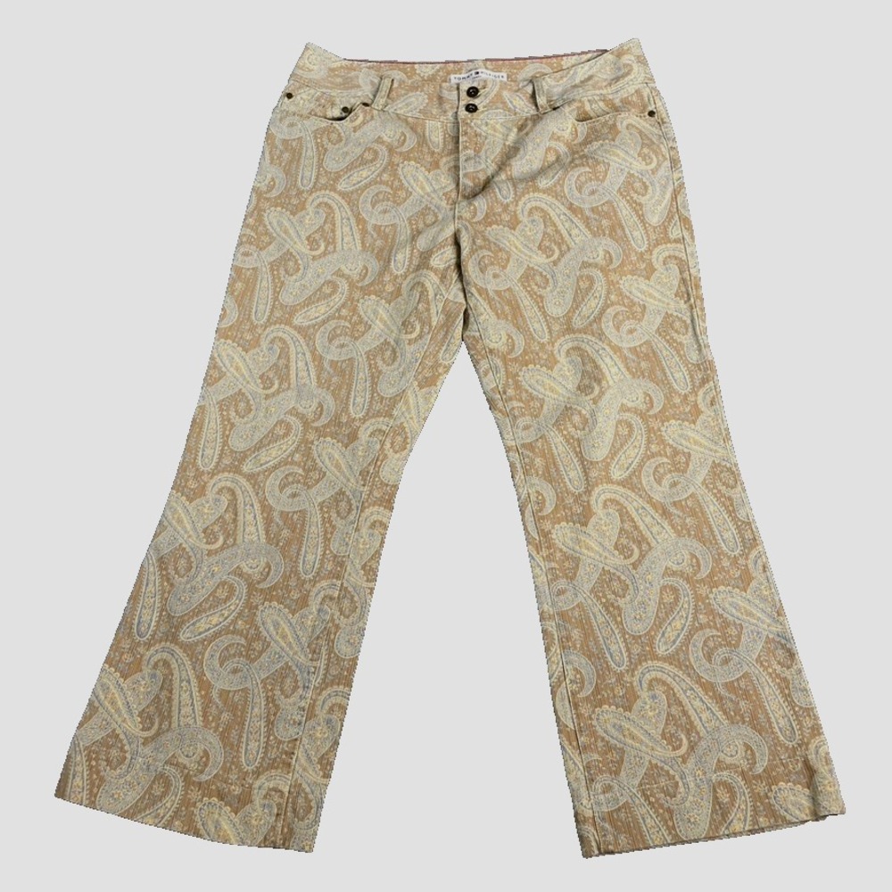 TOMMY HILFIGER Women's Cropped Capri Sz 12 Wider Leg Belted Tan Paisley Vintage